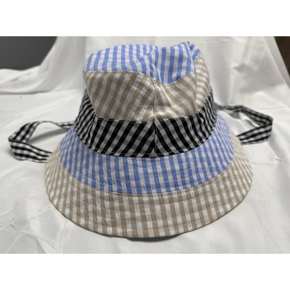 BCBGeneration Bucket Hat Checked‎ Tie Strings One Size Fits Most Blue White Tan